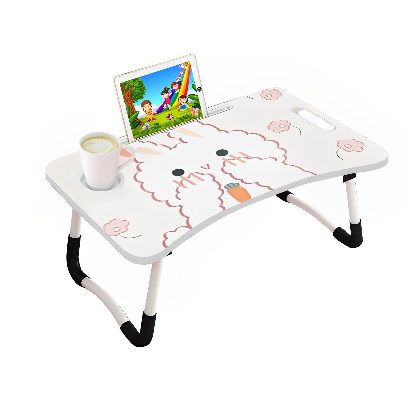 SOGA Cute Rabbit Design Portable Bed Table Adjustable Foldable Bed Sofa Study Table Laptop Mini Desk with Drawer and Cup Slot Home Decor