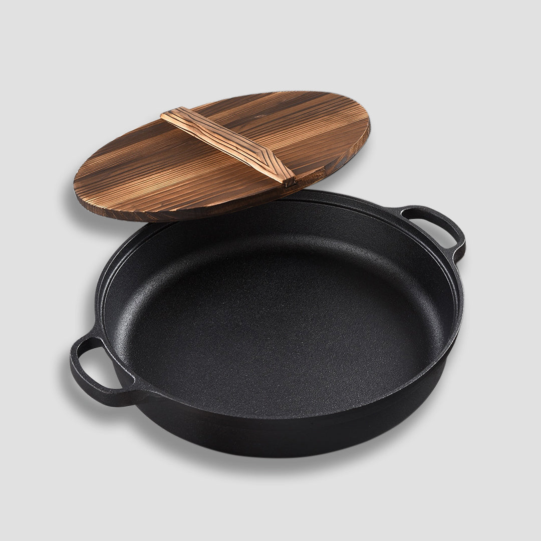 SOGA 2X 35cm Round Cast Iron Pre-seasoned Deep Baking Pizza Frying Pan Skillet with Wooden Lid