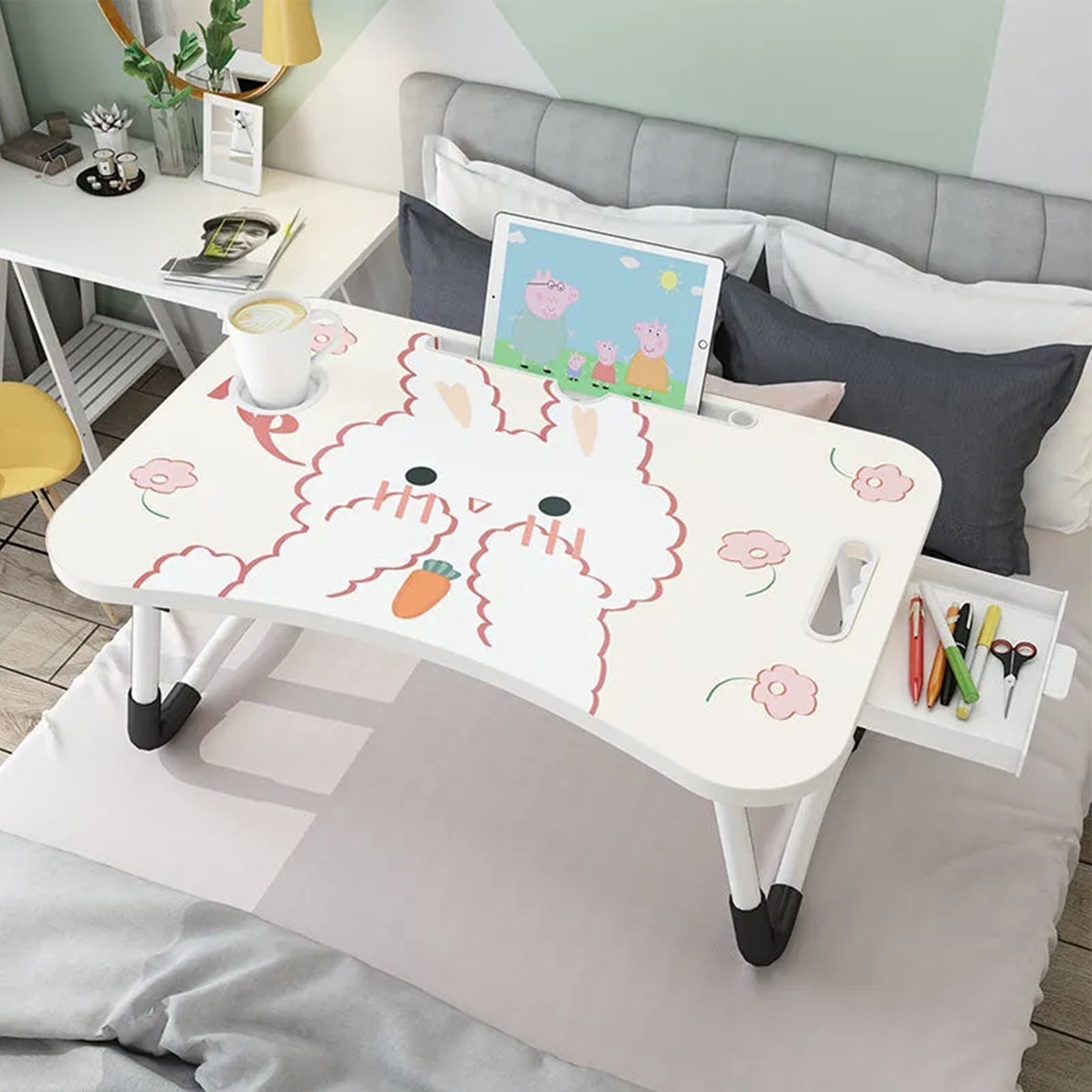 SOGA Cute Rabbit Design Portable Bed Table Adjustable Foldable Bed Sofa Study Table Laptop Mini Desk with Drawer and Cup Slot Home Decor