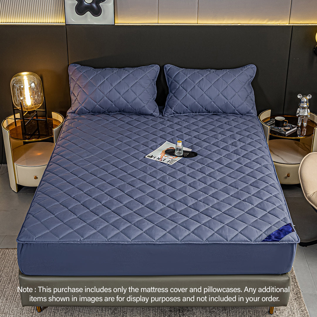 SOGA 2X Blue 183cm Wide Cross-Hatch Mattress Cover Thick Quilted Stretchable Bed Spread Sheet Protector with Pillow Covers