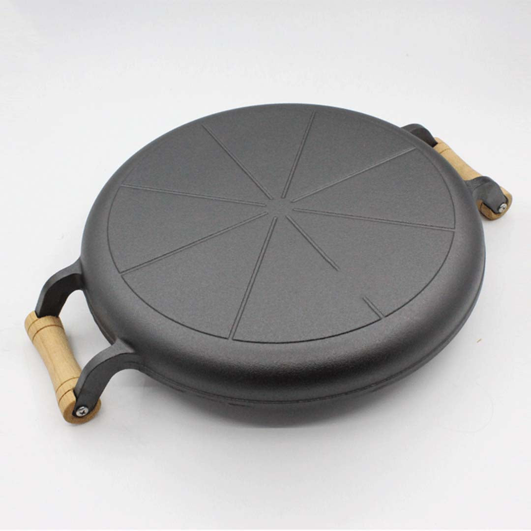 SOGA 2X 35cm Cast Iron Frying Pan Skillet Steak Sizzle Fry Platter With Wooden Handle No Lid