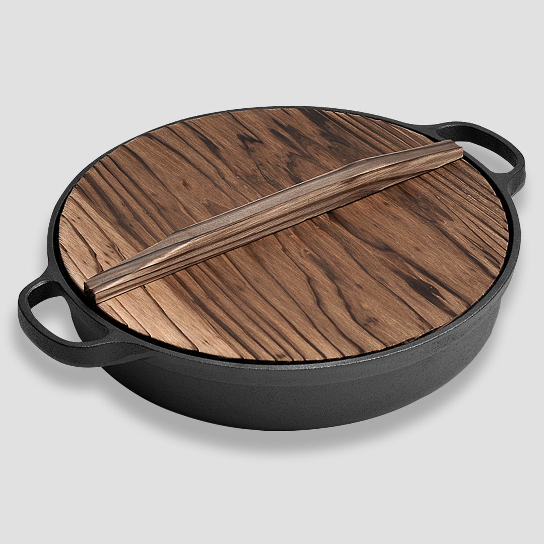 SOGA 2X 35cm Round Cast Iron Pre-seasoned Deep Baking Pizza Frying Pan Skillet with Wooden Lid