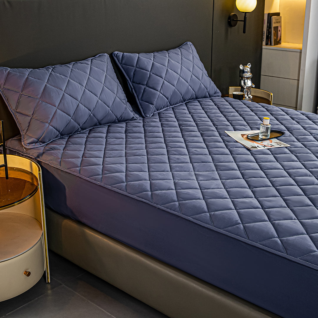 SOGA 2X Blue 183cm Wide Cross-Hatch Mattress Cover Thick Quilted Stretchable Bed Spread Sheet Protector with Pillow Covers