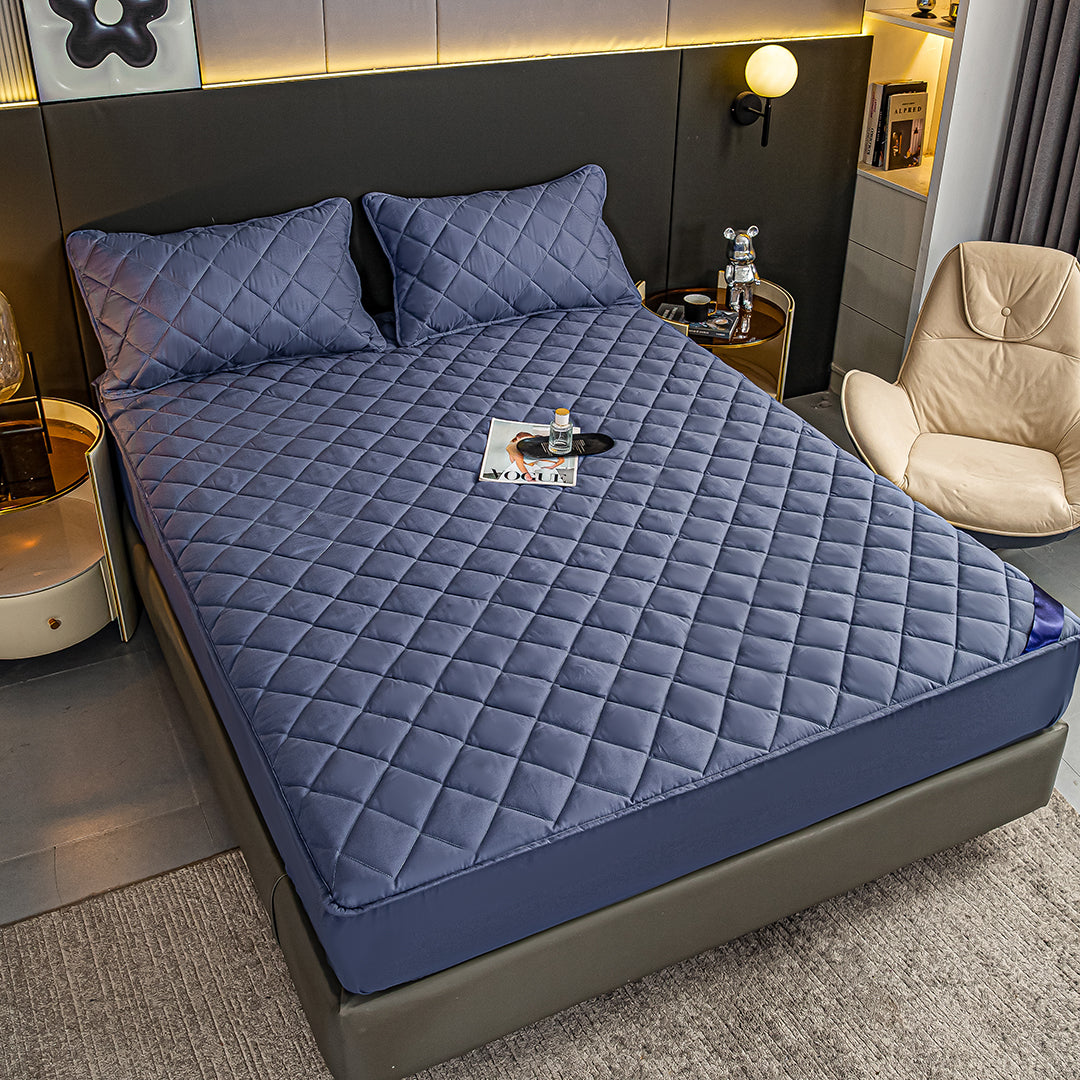 SOGA 2X Blue 183cm Wide Cross-Hatch Mattress Cover Thick Quilted Stretchable Bed Spread Sheet Protector with Pillow Covers