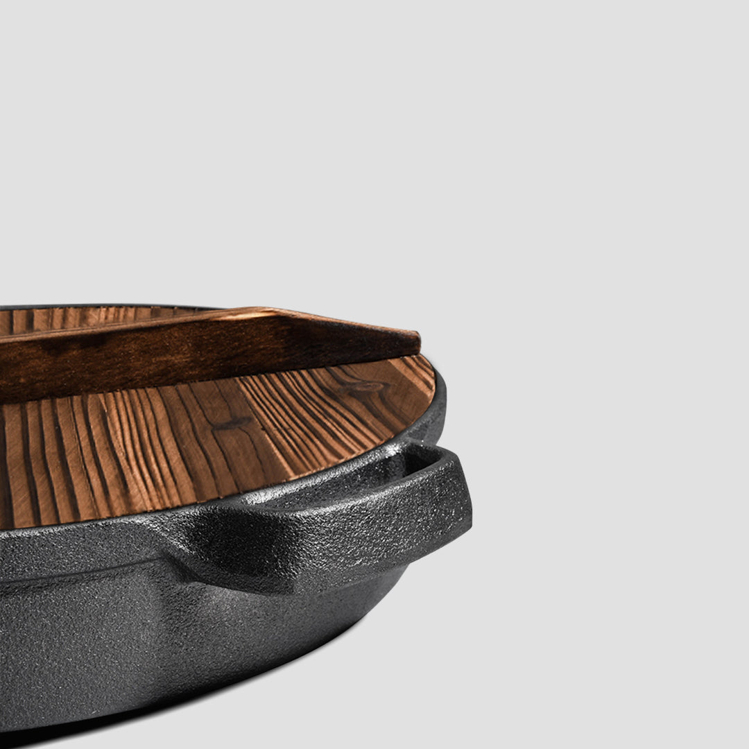 SOGA 2X 35cm Round Cast Iron Pre-seasoned Deep Baking Pizza Frying Pan Skillet with Wooden Lid