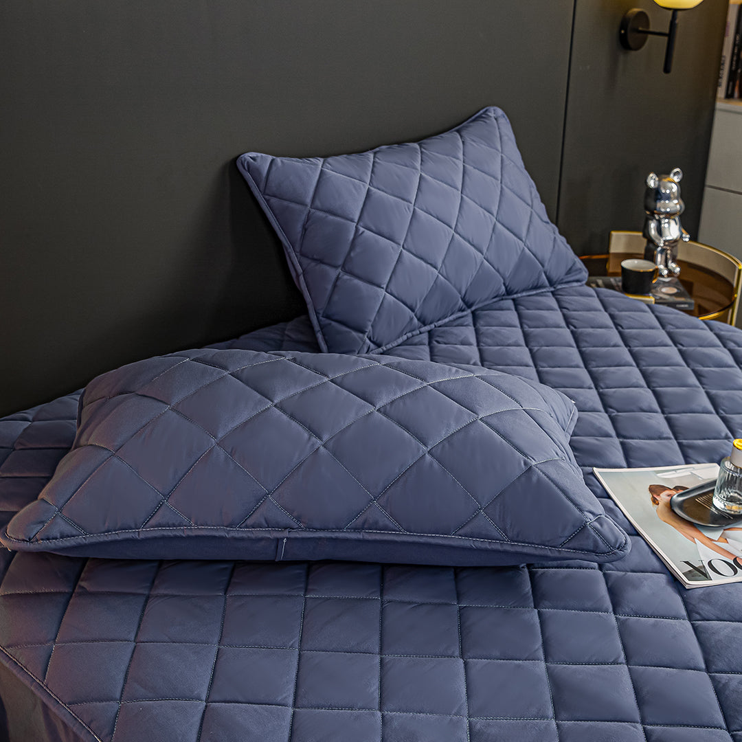SOGA 2X Blue 183cm Wide Cross-Hatch Mattress Cover Thick Quilted Stretchable Bed Spread Sheet Protector with Pillow Covers
