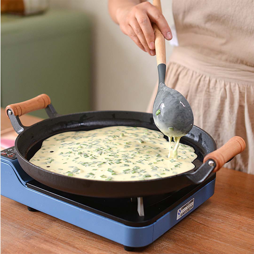 SOGA 2X 35cm Cast Iron Frying Pan Skillet Steak Sizzle Fry Platter With Wooden Handle No Lid