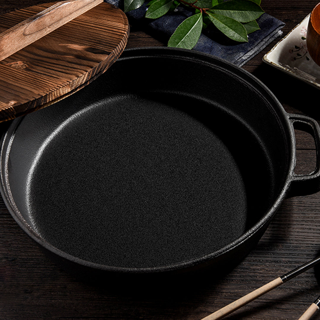 SOGA 2X 35cm Round Cast Iron Pre-seasoned Deep Baking Pizza Frying Pan Skillet with Wooden Lid