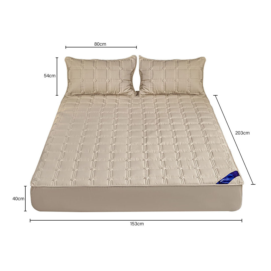 SOGA 2X Beige 153cm Wide Mattress Cover Thick Quilted Stretchable Bed Spread Sheet Protector with Pillow Covers