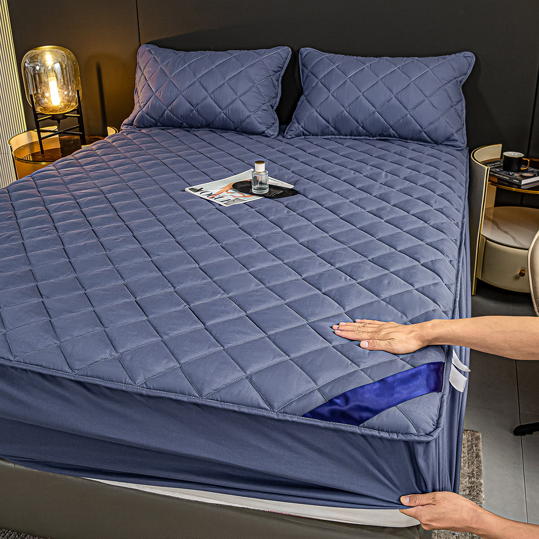 SOGA 2X Blue 183cm Wide Cross-Hatch Mattress Cover Thick Quilted Stretchable Bed Spread Sheet Protector with Pillow Covers