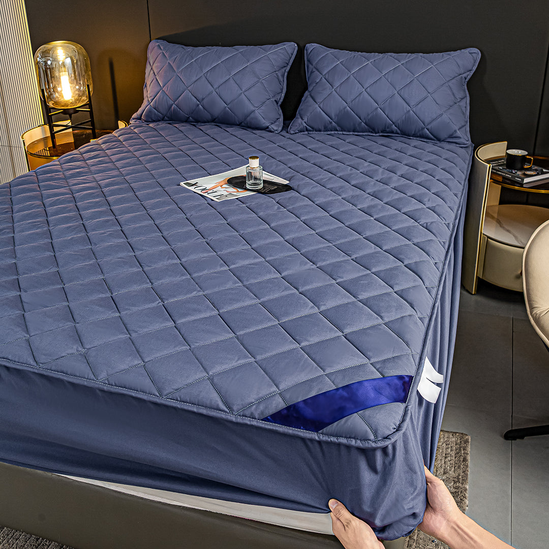 SOGA 2X Blue 183cm Wide Cross-Hatch Mattress Cover Thick Quilted Stretchable Bed Spread Sheet Protector with Pillow Covers