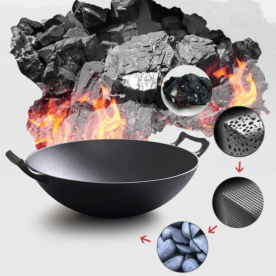 SOGA 2X 32cm Commercial Cast Iron Wok FryPan with Wooden Lid Fry Pan