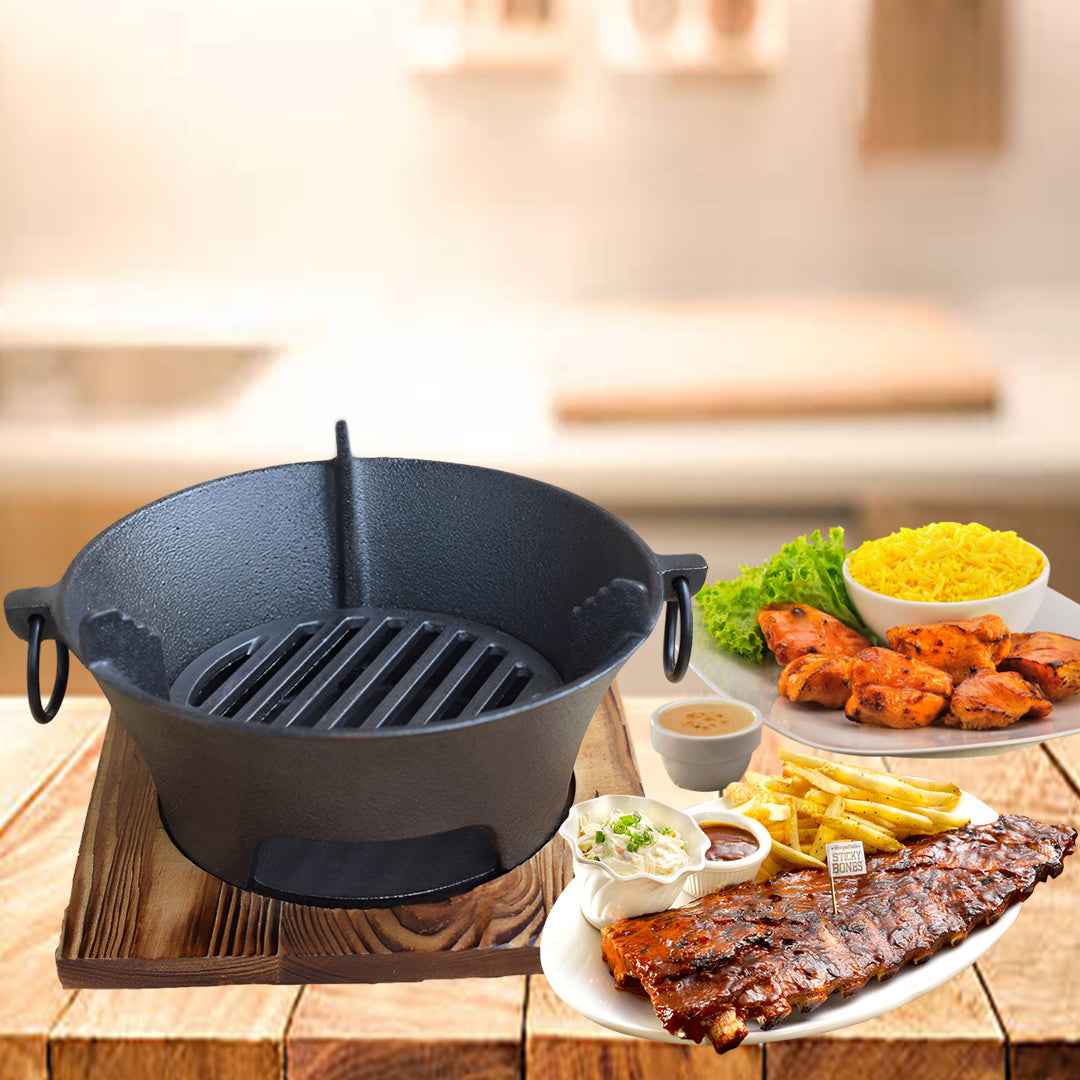 SOGA 2X Large Cast Iron Round Stove Charcoal Table Net Grill Japanese Style BBQ Picnic Camping with Wooden Board