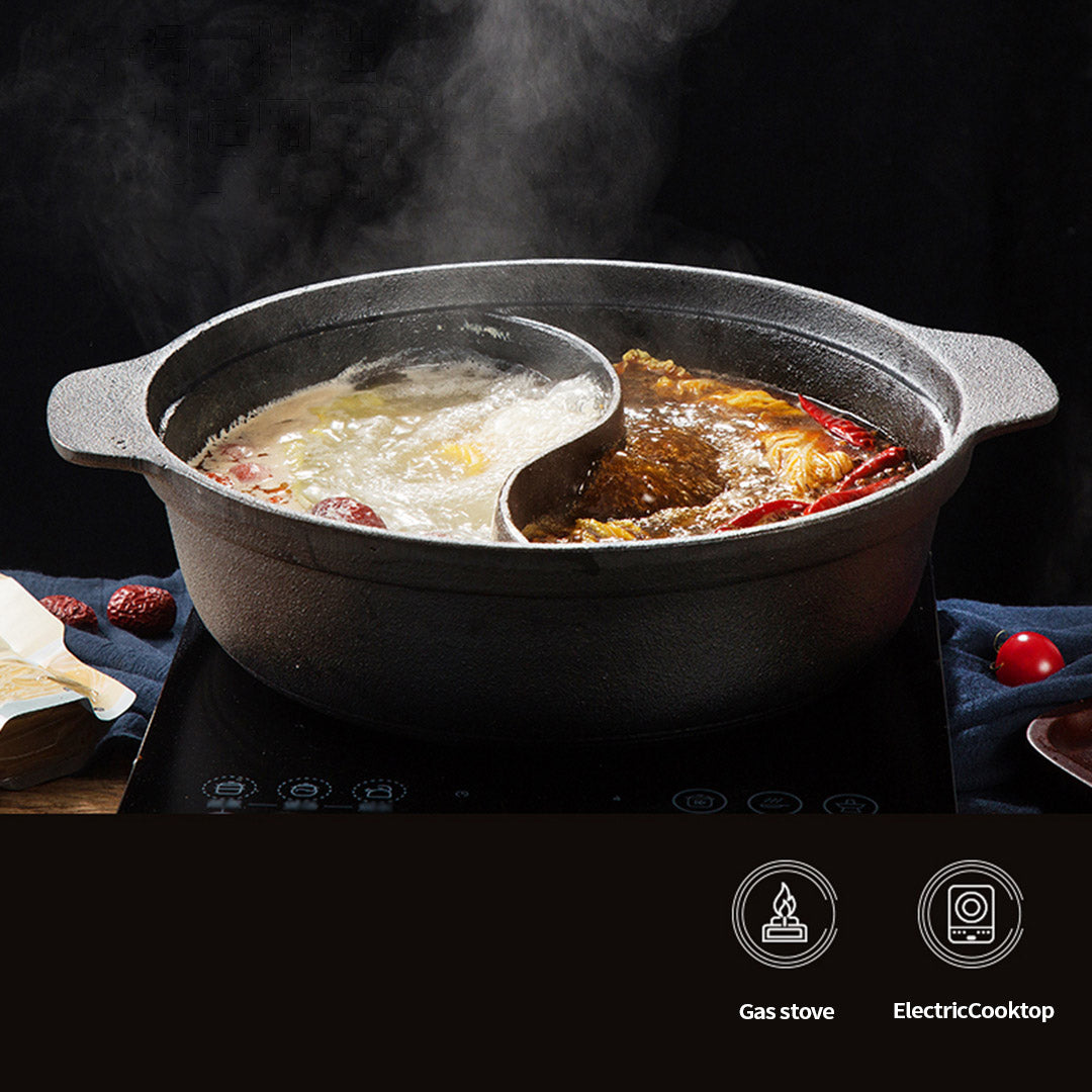 SOGA 2X 32CM Round Cast Iron Shabu Shabu Hotpot Beef Chicken Stew Wok Two-Flavor Division