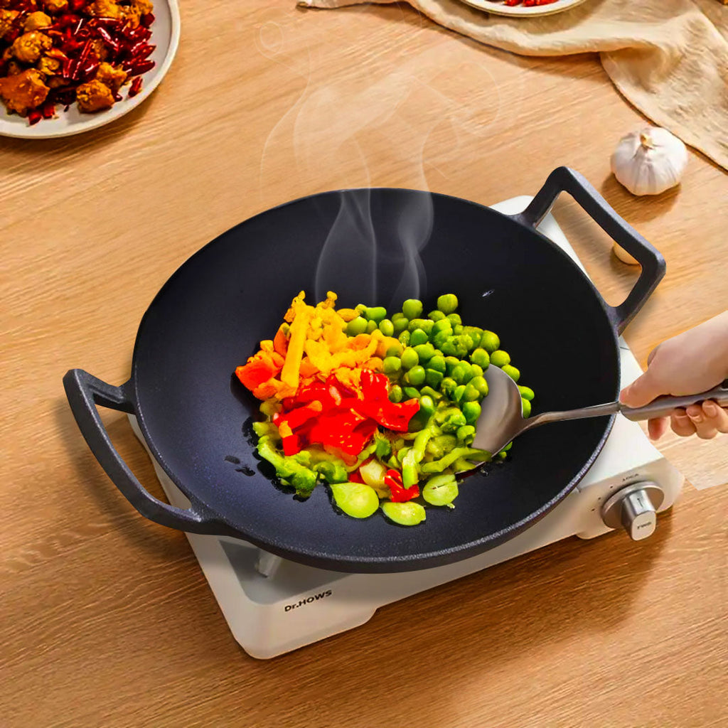 32cm Cast Iron Wok Frying Pan