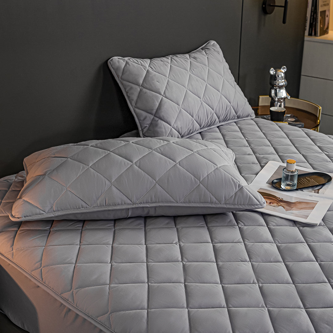 SOGA 2X Grey 138cm Wide Cross-Hatch Mattress Cover Thick Quilted Stretchable Bed Spread Sheet Protector with Pillow Covers