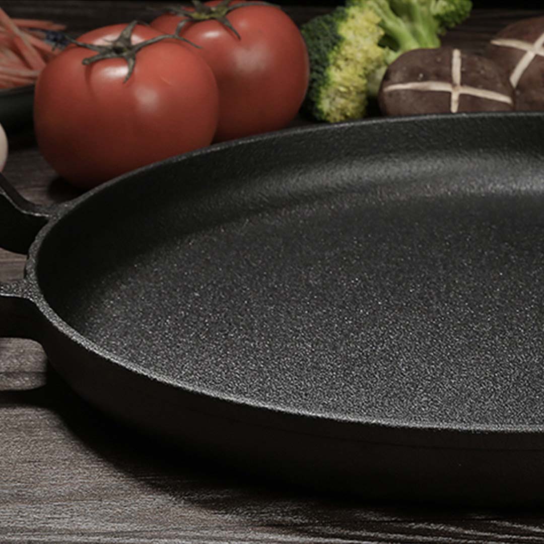 SOGA 2X 35cm Cast Iron Frying Pan Skillet Steak Sizzle Fry Platter With Wooden Handle No Lid