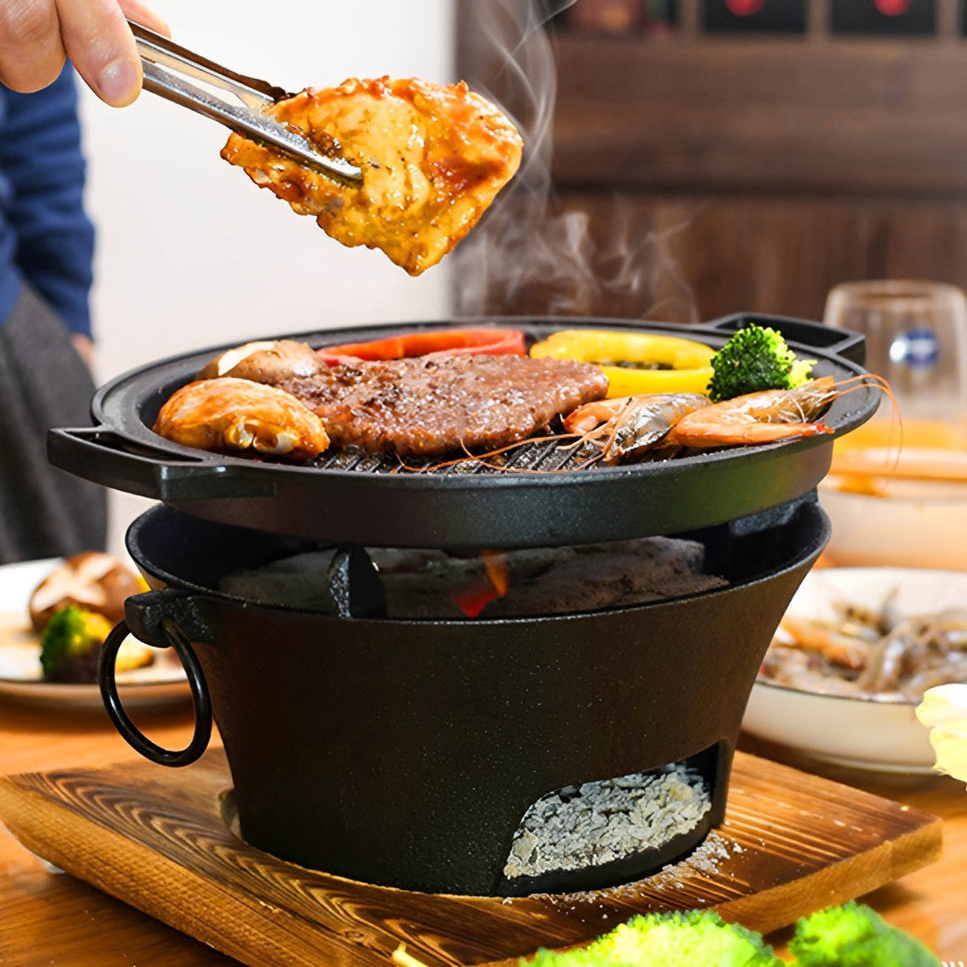 SOGA 2X Large Cast Iron Round Stove Charcoal Table Net Grill Japanese Style BBQ Picnic Camping with Wooden Board