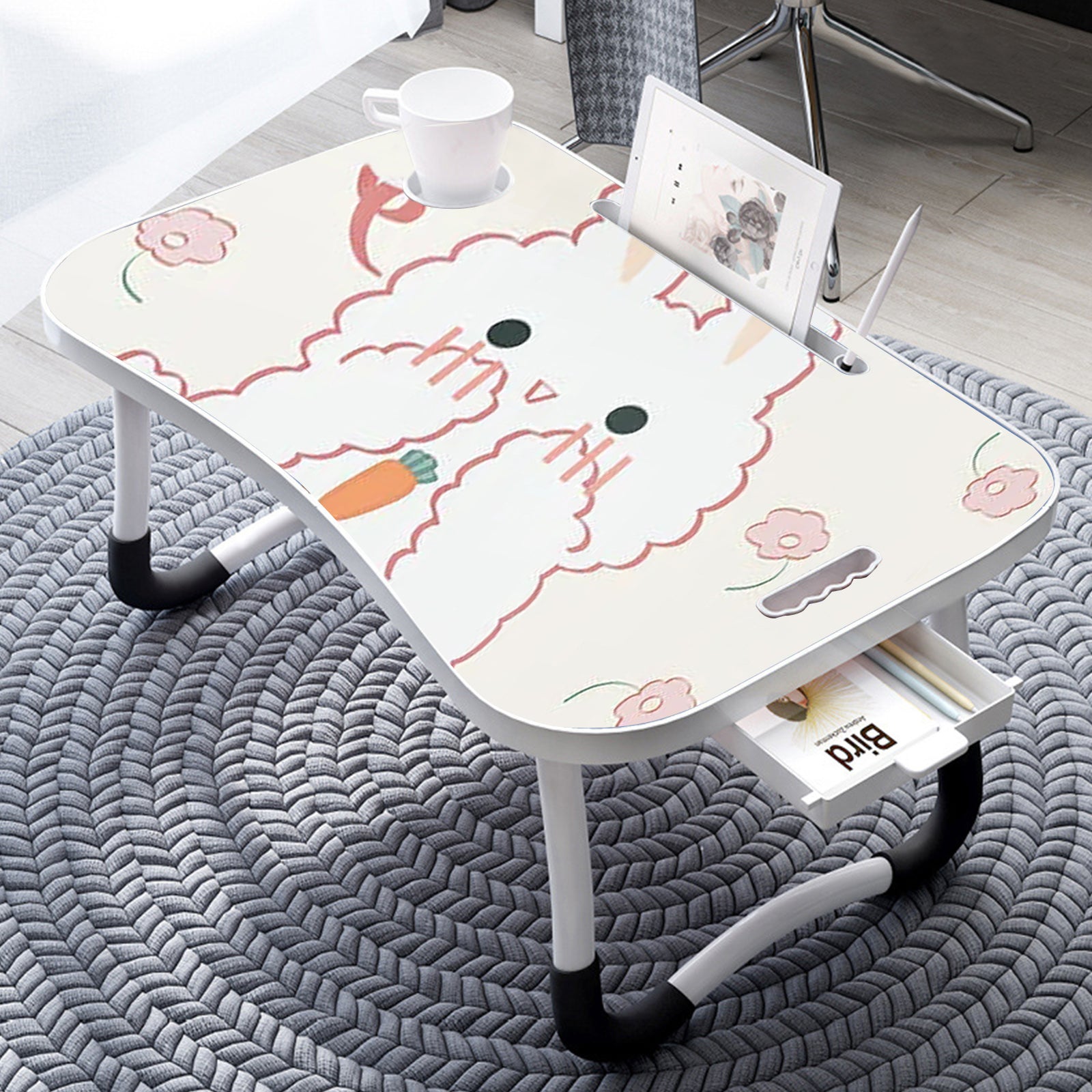 SOGA 2X Cute Rabbit Design  Portable Bed Table Adjustable Foldable Bed Sofa Study Table Laptop Mini Desk with Drawer and Cup Slot Home Decor