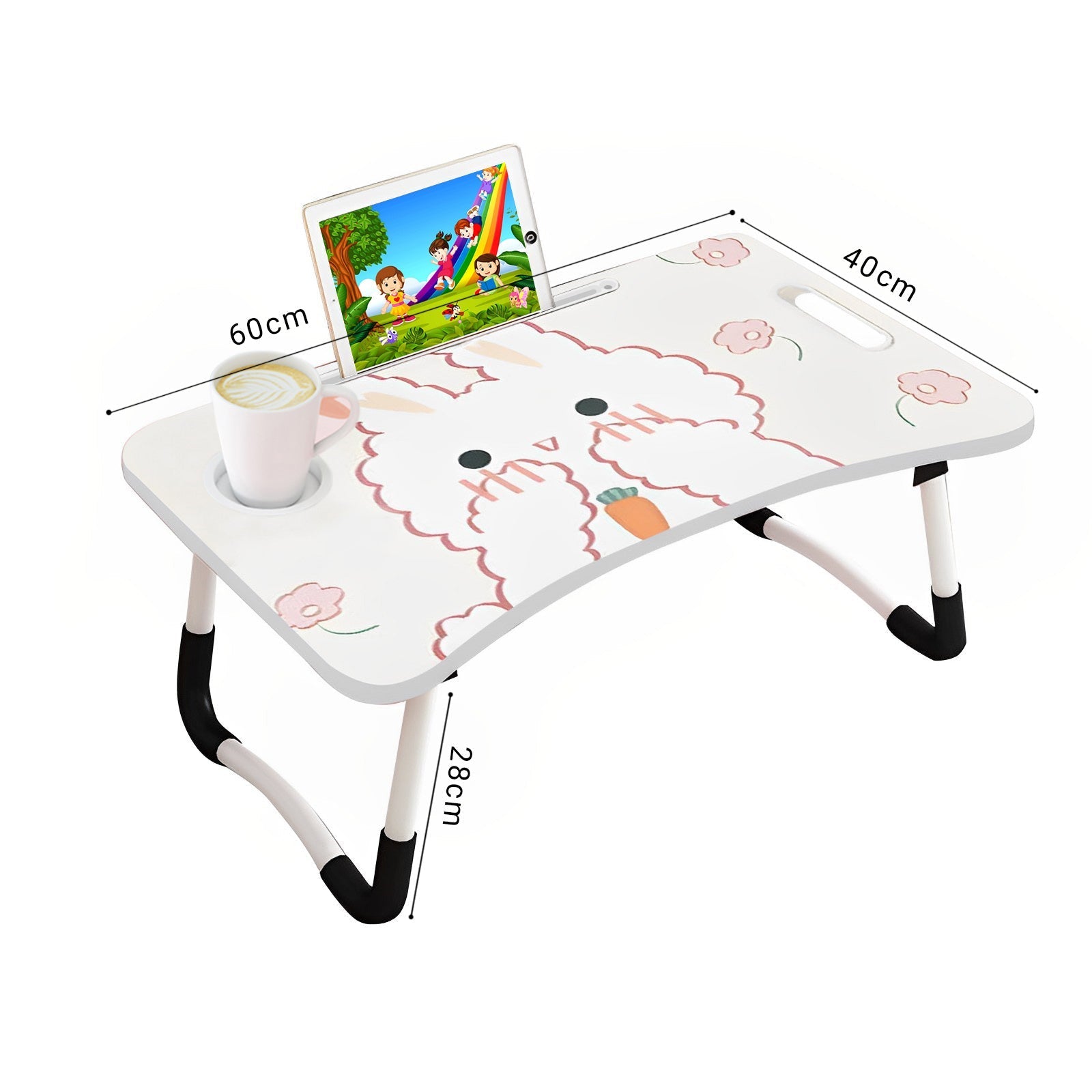 SOGA 2X Cute Rabbit Design  Portable Bed Table Adjustable Foldable Bed Sofa Study Table Laptop Mini Desk with Drawer and Cup Slot Home Decor