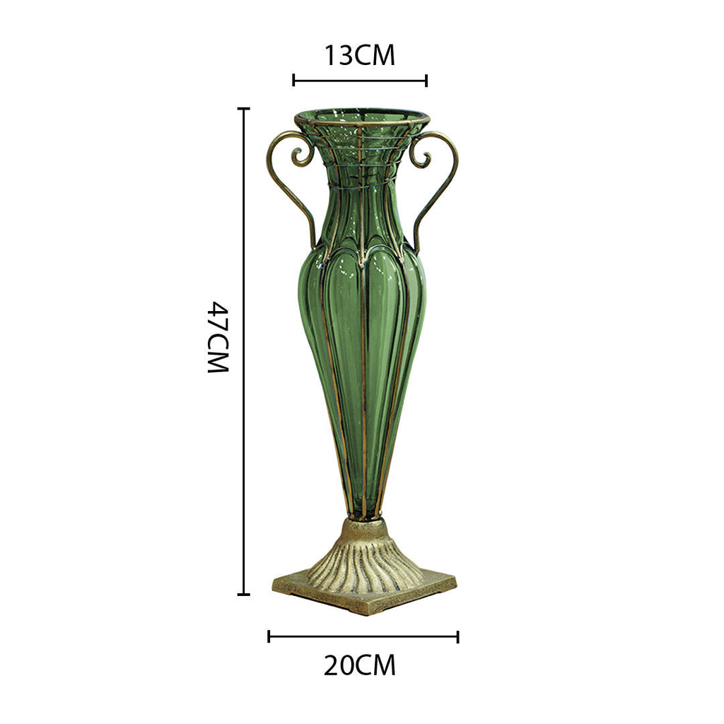 Green Flower Vase With Two Gold Metal Handle