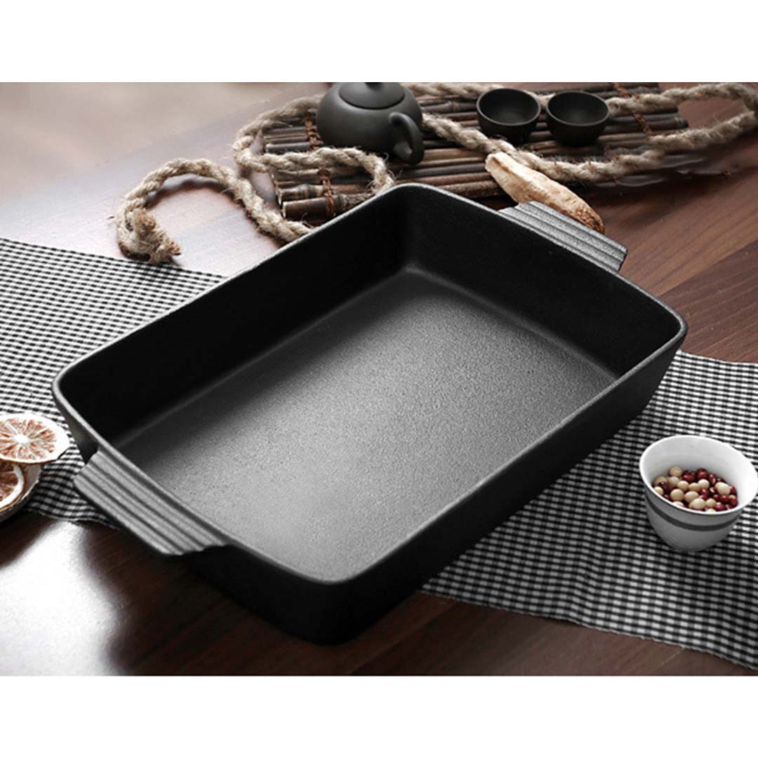 SOGA 2X 33cm Cast Iron Rectangle Bread Cake Baking Dish Lasagna Roasting Pan