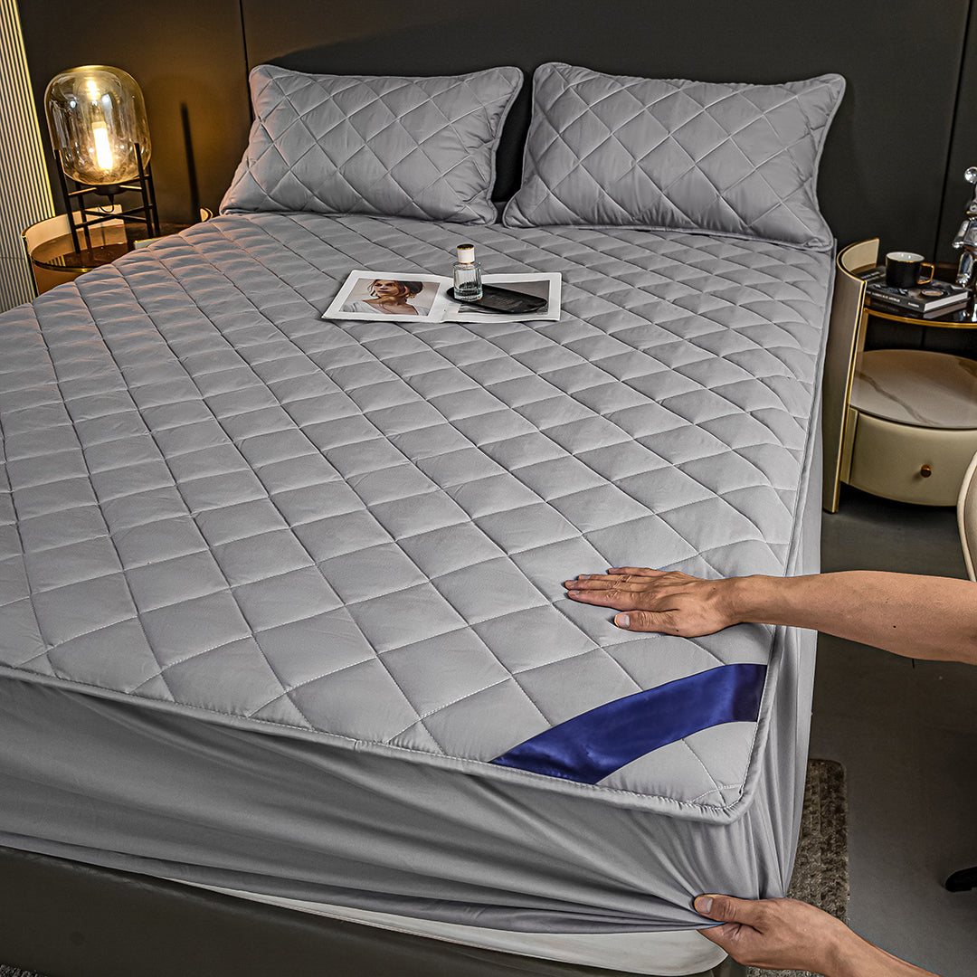 SOGA 2X Grey 138cm Wide Cross-Hatch Mattress Cover Thick Quilted Stretchable Bed Spread Sheet Protector with Pillow Covers